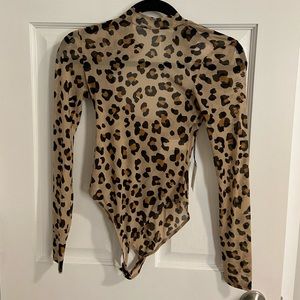 Long sleeve sheer leopard bodysuit one piece